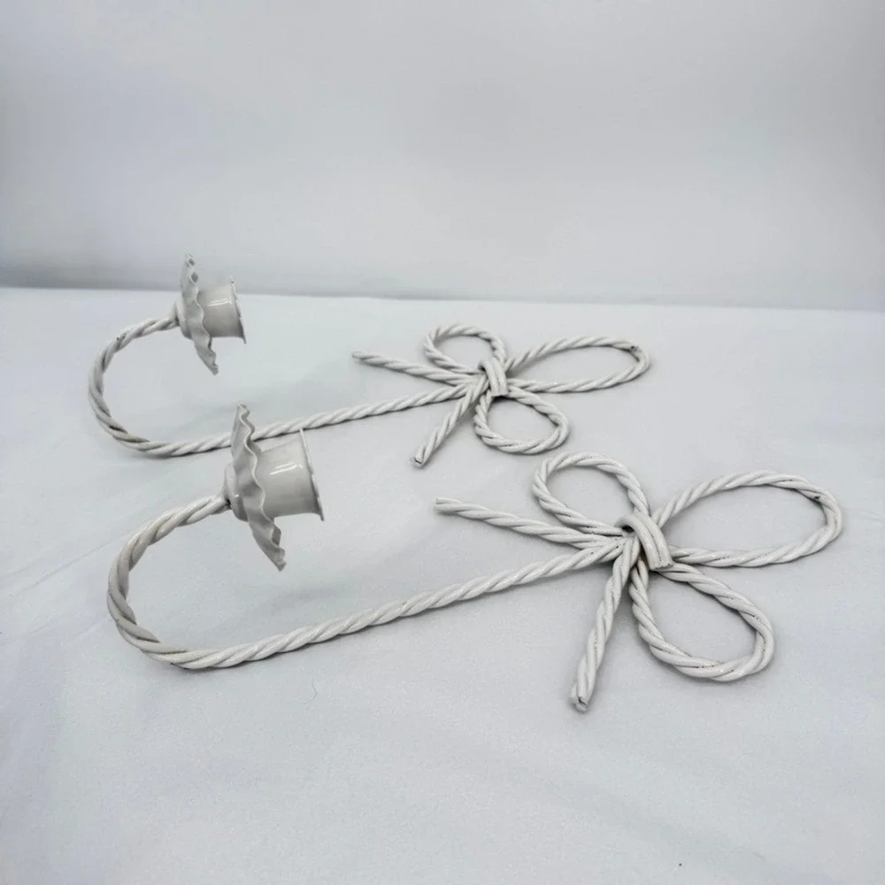 Homco Twisted Rope & Bow Tapler Candle‎ Wall Sconce PAIR White Metal VTG 2 Pc